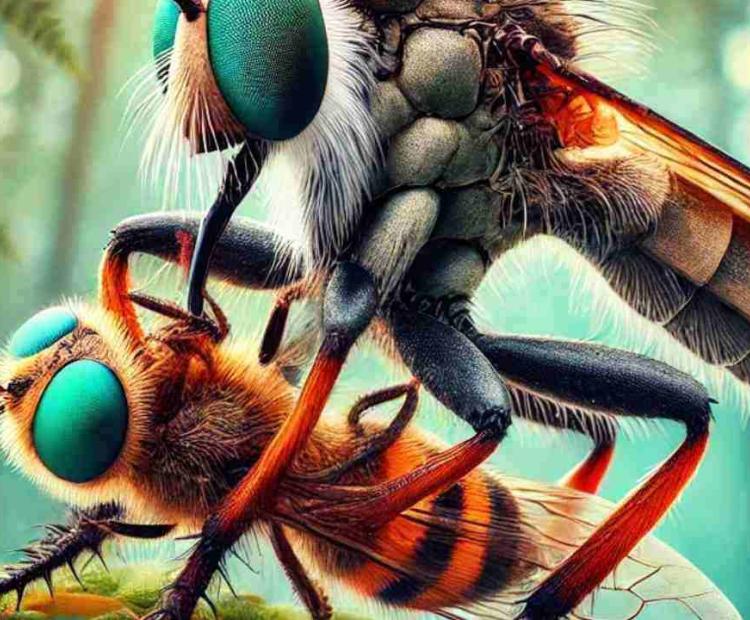 Two insects involved in a mysterious drama, seemingly communicating or interacting on a tree branch.